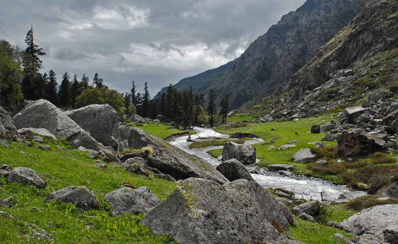 Har Ki Dun valley landscape with snow-capped Swargarohini peak and green mountain trails