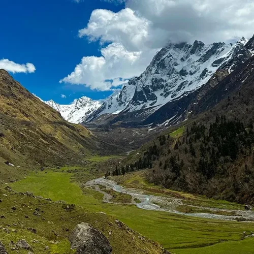 Scenic view of Har Ki Dun valley with lush green meadows and snow-capped Himalayan peaks in Uttarakhand