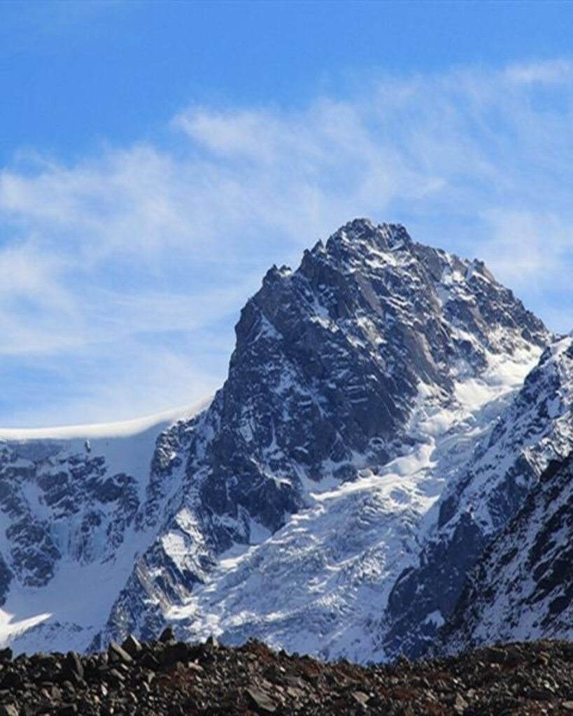Majestic view of Jaundhar Glacier and snow-covered Himalayan peaks at the base of Swargarohini peak