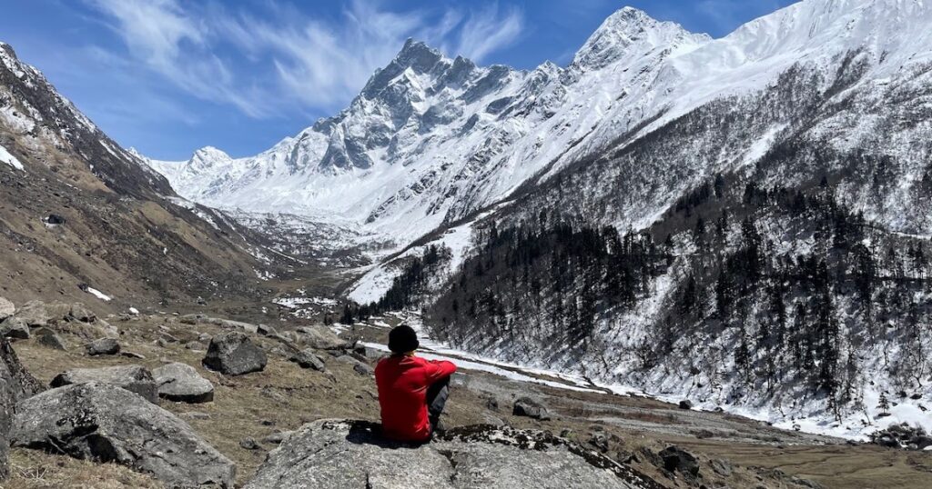 Trekkers on a snow-covered trail surrounded by pine trees during Har Ki Dun winter trek