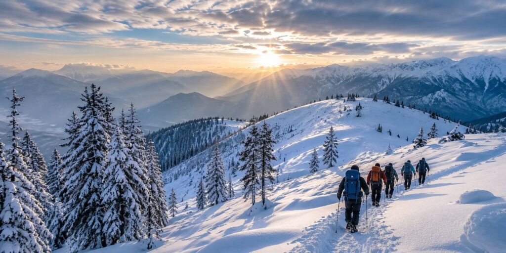Trekkers walking on snow-covered trail during Kedarkantha winter trek in Uttarakhand