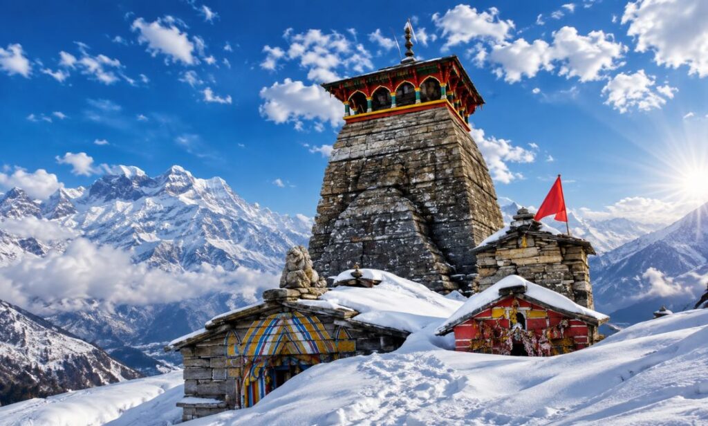 Tungnath Temple with snow-capped Himalayan peaks in the background on Chopta Trek
