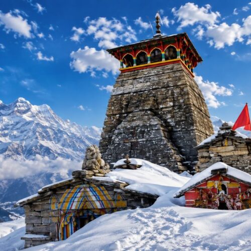 Tungnath Temple with snow-capped Himalayan peaks in the background on Chopta Trek