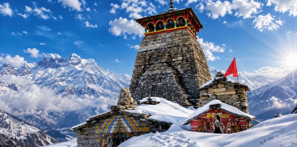 Tungnath Temple with snow-capped Himalayan peaks in the background on Chopta Trek