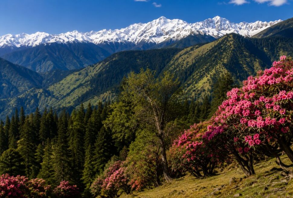 Scenic green meadows and snow capped Himalayan peaks in Chopta Valley Uttarakhand