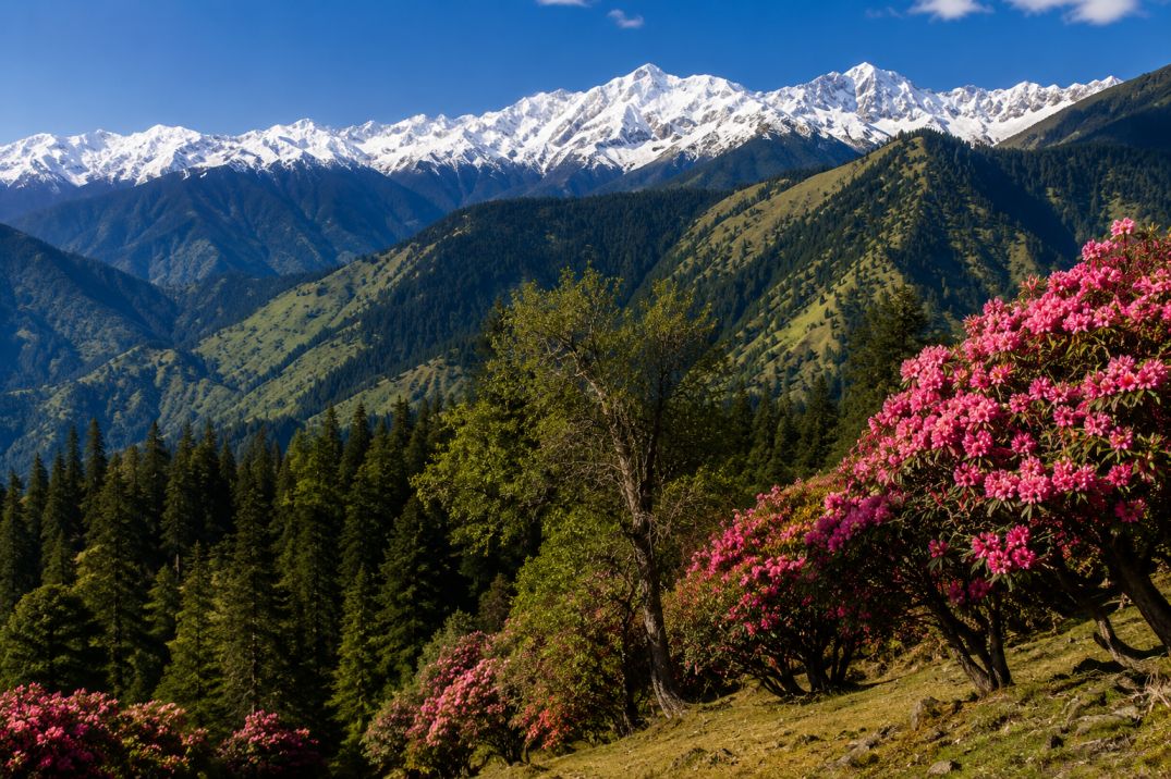 Scenic green meadows and snow capped Himalayan peaks in Chopta Valley Uttarakhand