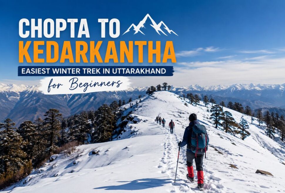 Snow-covered Himalayan mountains during the Chopta to Kedarkantha winter trek in Uttarakhand, ideal for beginner trekkers.
