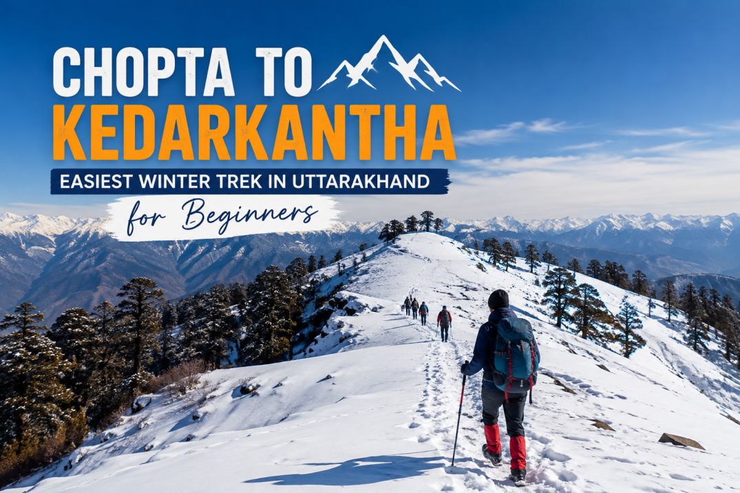 Snow-covered Himalayan mountains during the Chopta to Kedarkantha winter trek in Uttarakhand, ideal for beginner trekkers.