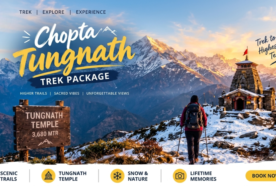 Chopta Tungnath Trek package poster featuring snow-covered Himalayan peaks and Tungnath Temple.