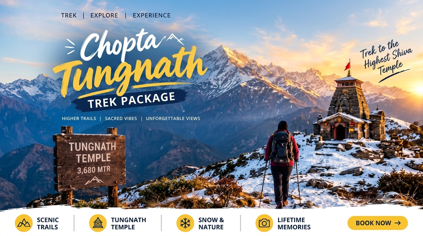 Chopta Tungnath Trek package poster featuring snow-covered Himalayan peaks and Tungnath Temple.