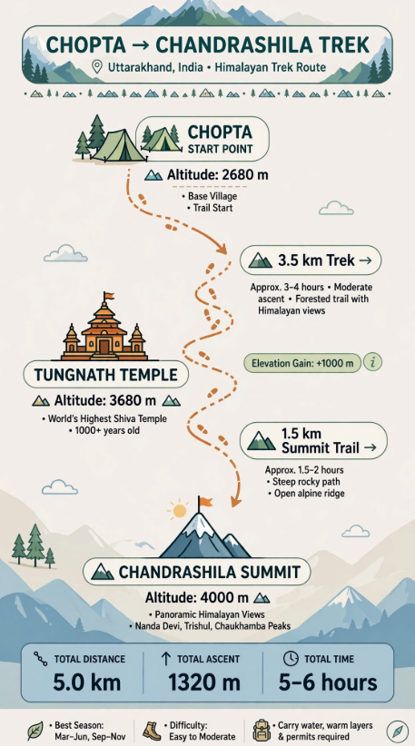 Chopta Tungnath Trek Route Map showing distance from Chopta to Tungnath and Chandrashila