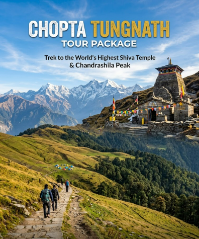 Chopta Tungnath Tour Package poster featuring snow-covered Himalayan peaks and a trekking path leading to Tungnath Temple and Chandrashila Peak.