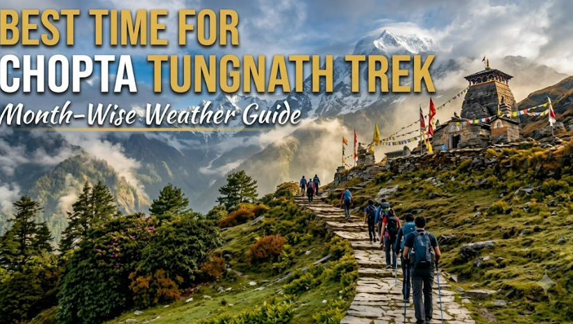 Month-wise weather guide graphic for Chopta Tungnath Trek in Uttarakhand Himalayas